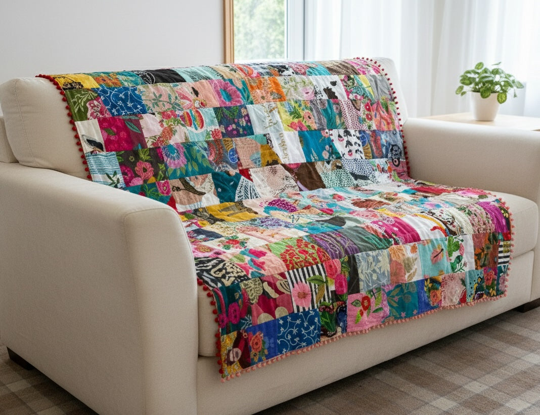 Handmade Large Recycled Cotton Patchwork Throw 152 x 177 cm Luxury Indian Kantha Blanket