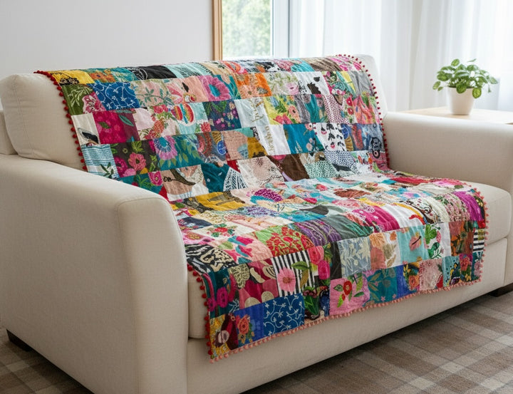 Handmade Large Recycled Cotton Patchwork Throw 152 x 177 cm Luxury Indian Kantha Blanket