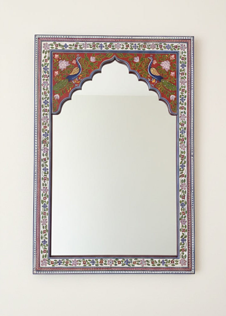 Indian Mango Wood Hand Painted Mirror in a White Background