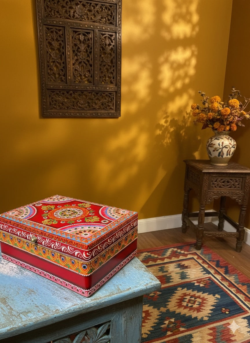 Hand Painted Boxes With Indian Pattern In A Indian Living Room