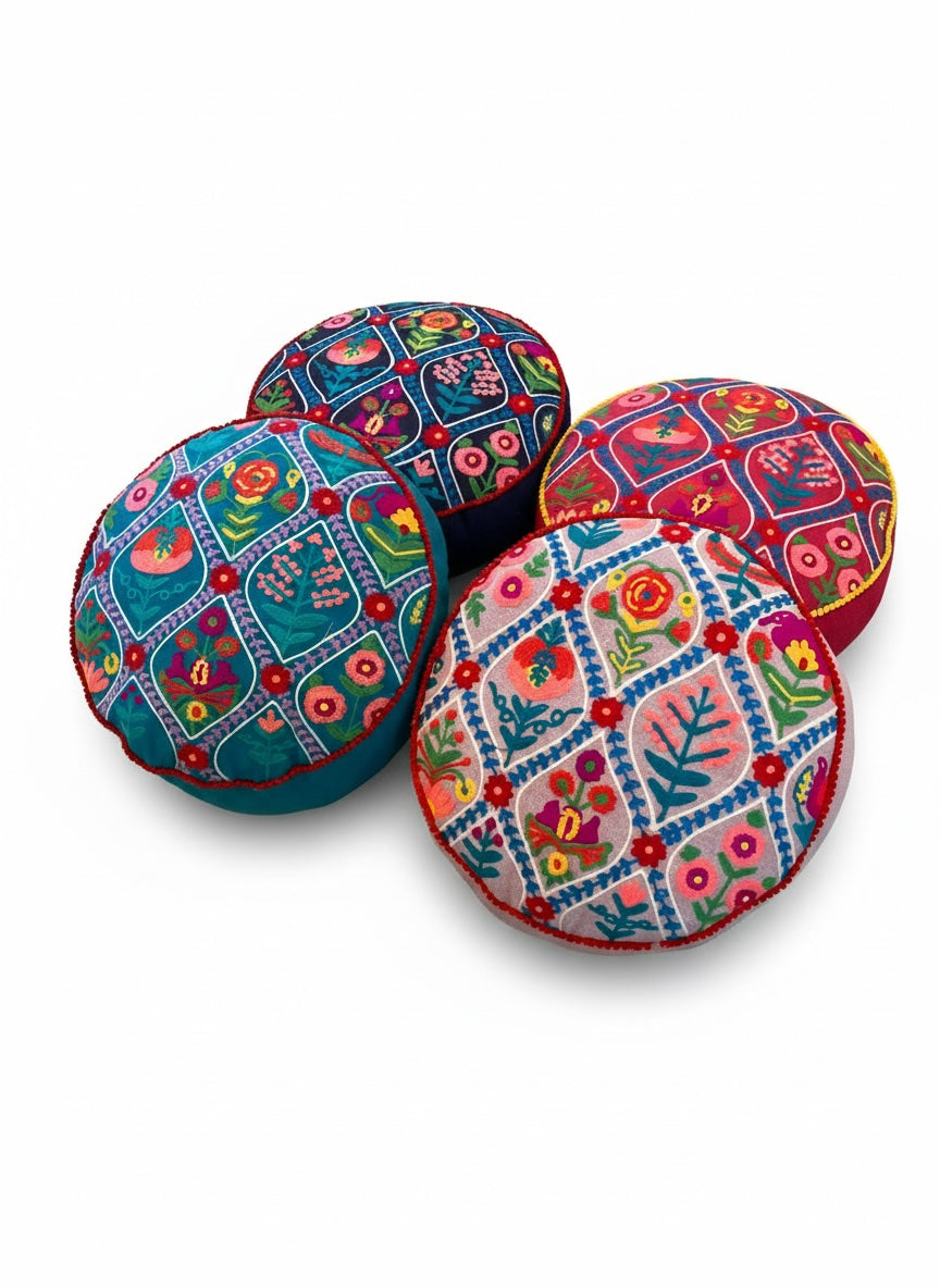 Indian Cotton Embroidered Mini Pouffe Floor Cushion Handwoven – Decorative Yoga & Sofa Cushion (40 x 10 cm) - 4 Colours
