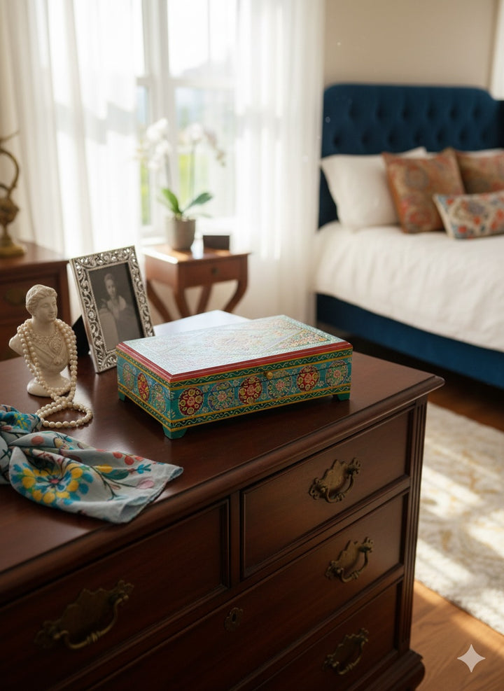 Indian Hand painted Jewellery box on a bedside table.