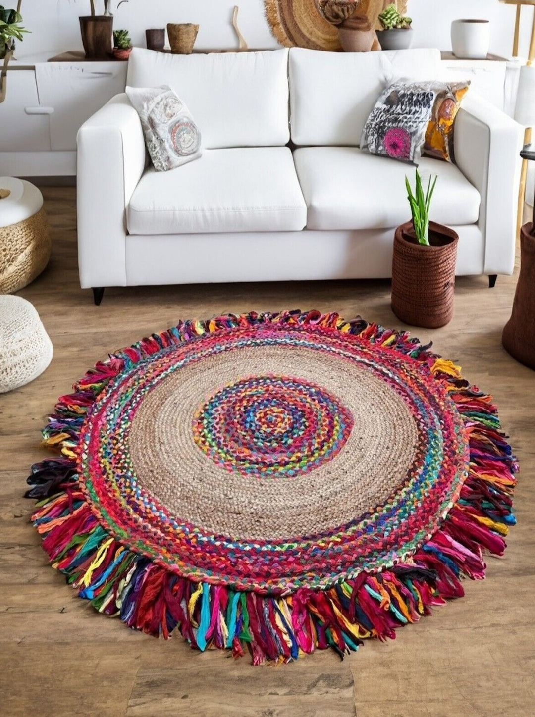 JHAALAR Round Indian Rug Jute with Thick Multi Coloured Tassels