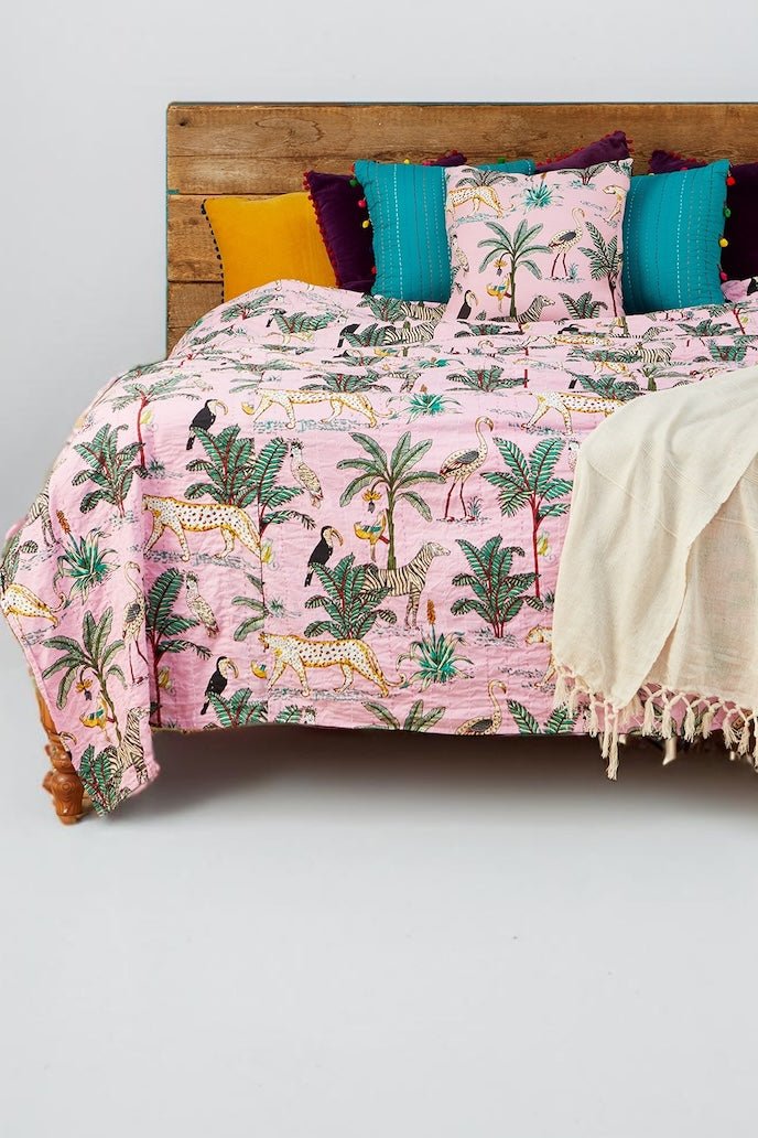 Pink Jungle Print Kantha Throw Bedcover Second Nature Online