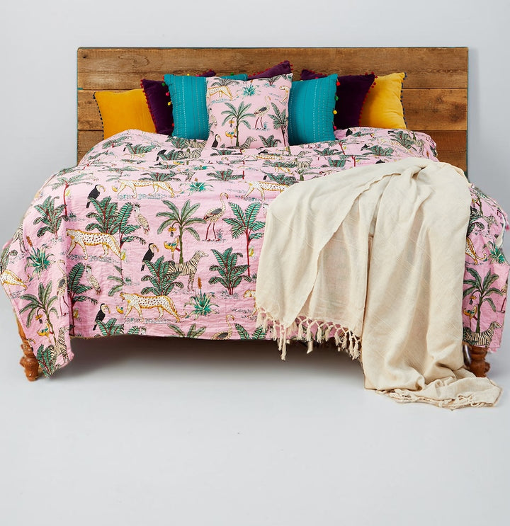 Jungle Pink Kantha Throw Bedcover -Second Nature Online