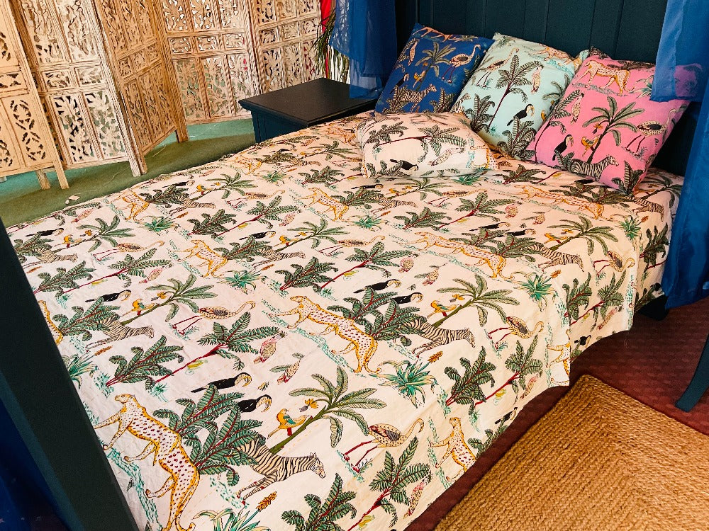 Jungle Print Bedcover in Cotton White Cream in Colour - Second Nature Online