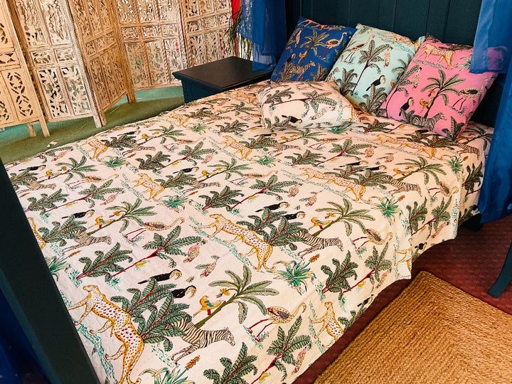 Jungle Print Bedcover in Cotton White Cream in Colour - Second Nature Online
