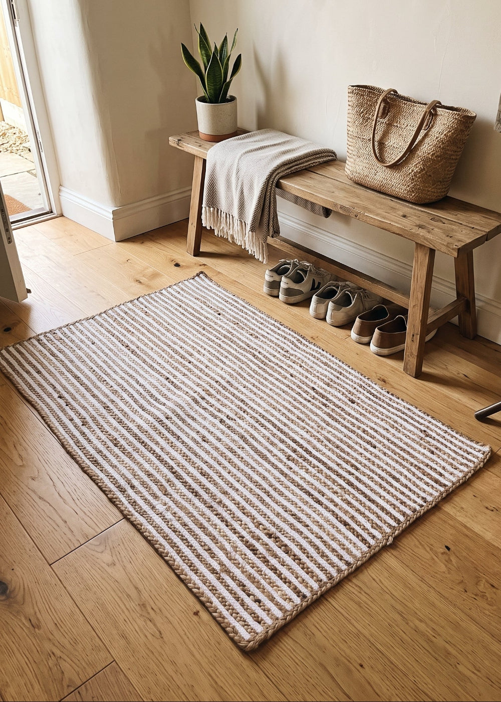 A rectangular woven entryway rug in beige and white stripes laid out on a light wood floor, with a rustic wooden bench, tote bag, throw blanket, shoes, and a plant nearby in a bright room.