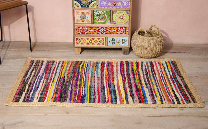 Rainbow Chindi Jute Border Rectangular Rug - 3 Sizes Available