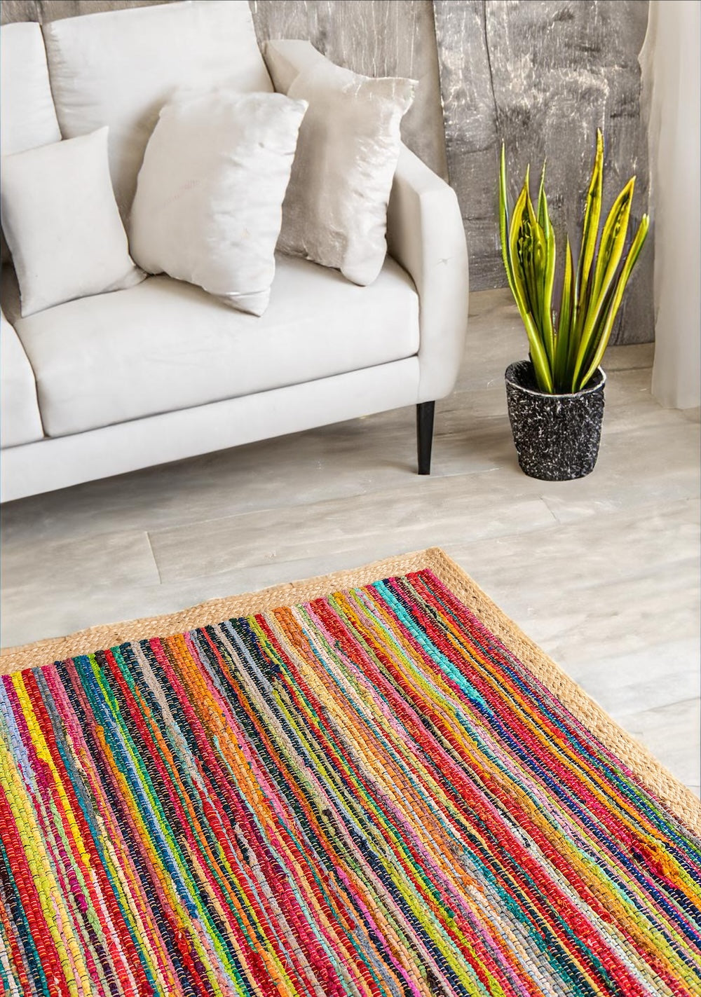 Rainbow Chindi Jute Border Rectangular Rug - 3 Sizes Available