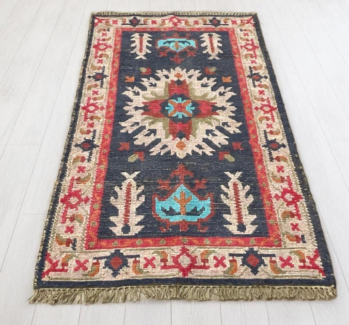 Natural Rug Jute Cotton Geometric Kilim in Multi Colour Pink Red Blue 90 x 155 cm