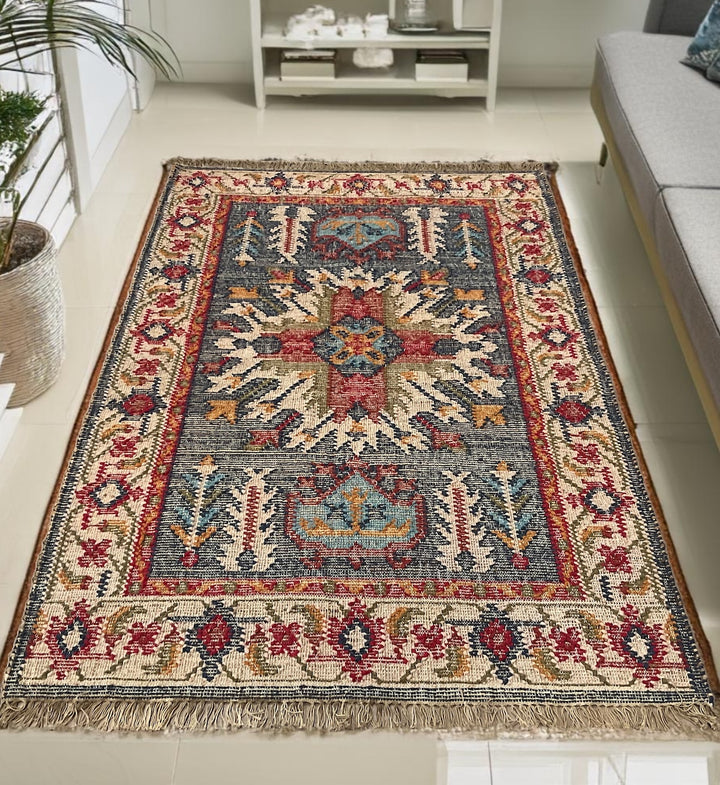 Natural Rug Jute Cotton Geometric Kilim in Multi Colour Red Blue 120 x 190 cm