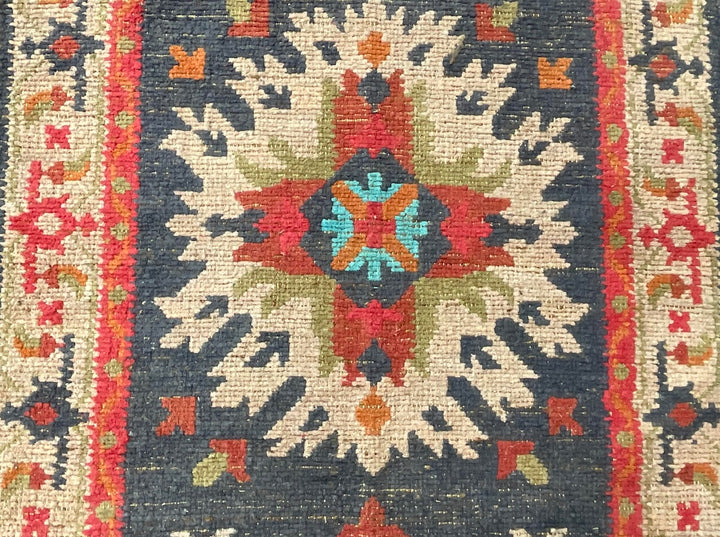 Natural Rug Jute Cotton Geometric Kilim in Multi Colour Pink Red Blue 90 x 155 cm