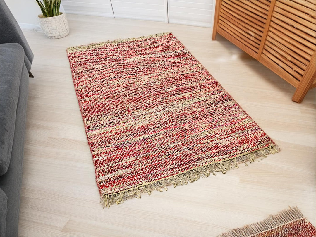 Red Cotton Jute Rug Striped Design 120 cm x 190 cm