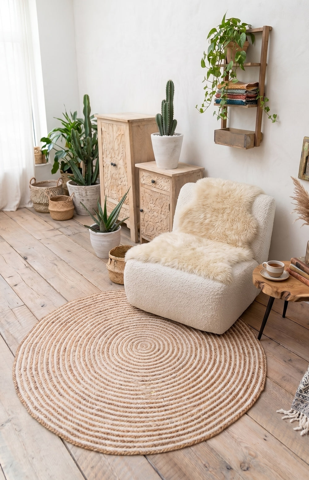 Cosy living room with a round jute rug, white armchair, and wooden furniture.