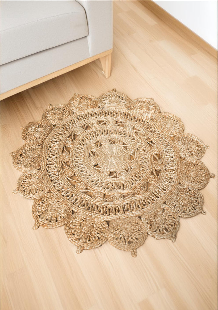 Natural Round Rug Jute Braided Open Weave 90 cm x 90 cm