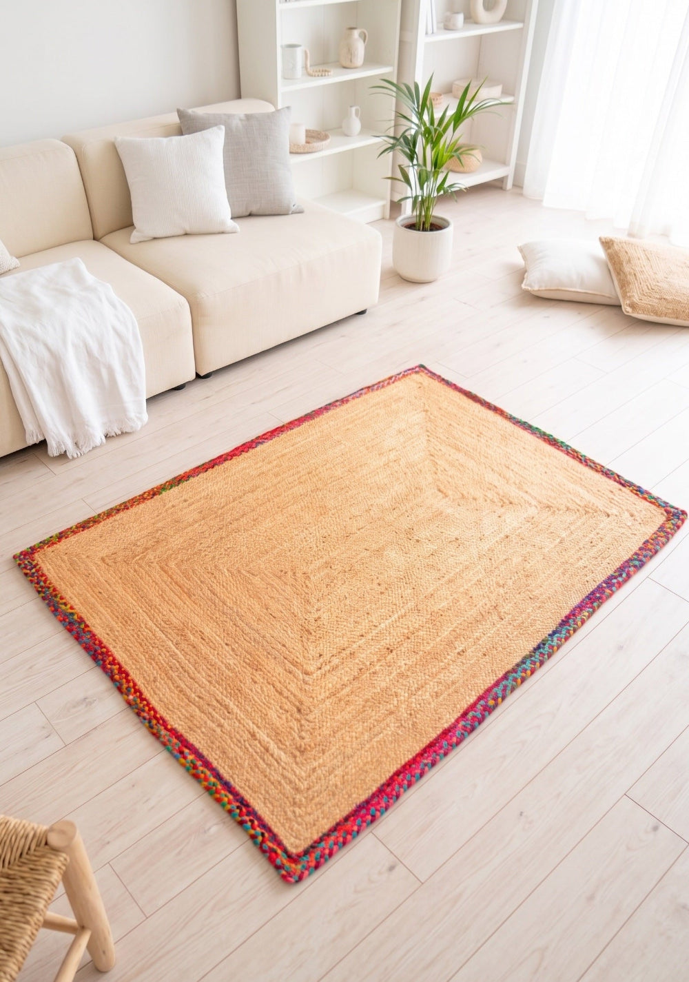 Beige rug with colorful border on a light wooden floor in a living room.