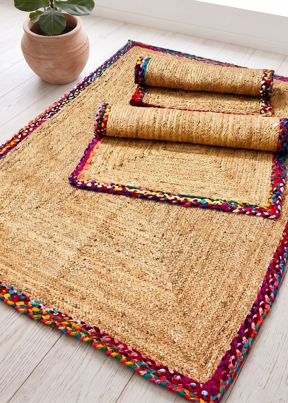 Woven mat with colorful border on a light wooden floor