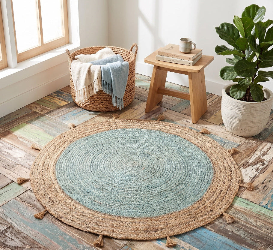 Round woven rug on a wooden floor with a plant and basket in the background