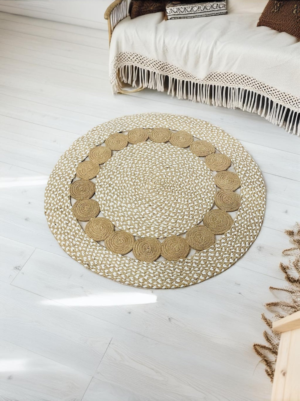 Round Rustic Rug Natural White Speckled Mini Circles Design Cotton and Jute Two Sizes