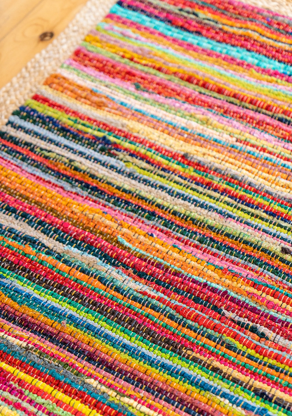 Rainbow Cotton Chindi Striped Natural Jute Border Rectangular Rug ...
