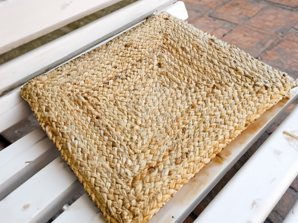 Jute seat pad and a outside wooden bench