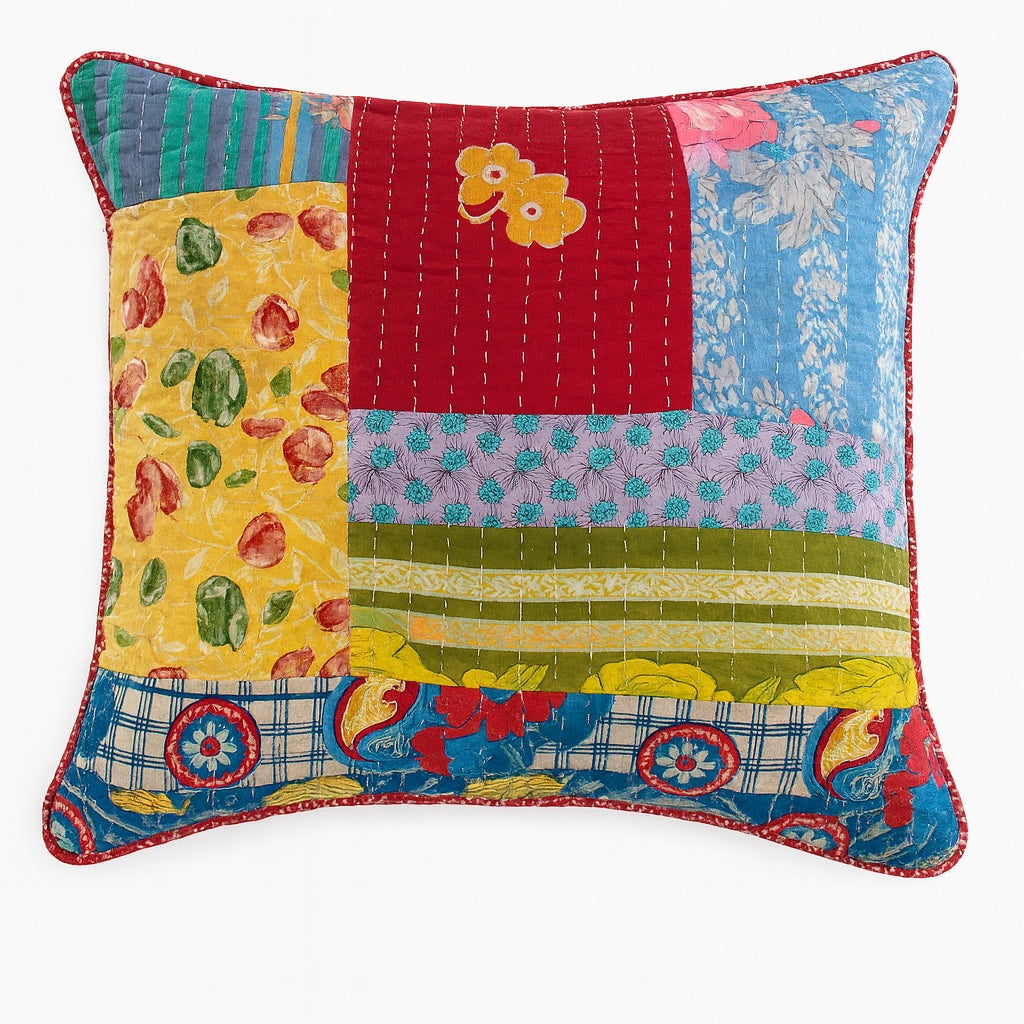 Kantha Large Cushion Cover Square Multi Colour Indian Cotton Patchwork