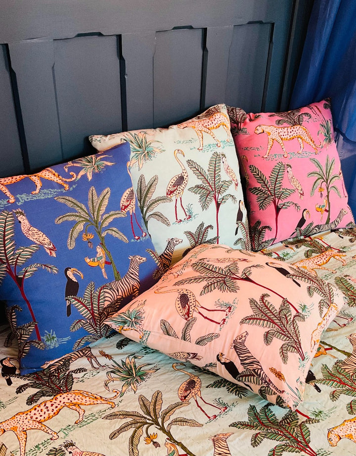 Bedcover and Throw Cushions With Jungle Print Cotton Kantha - Second Nature Online