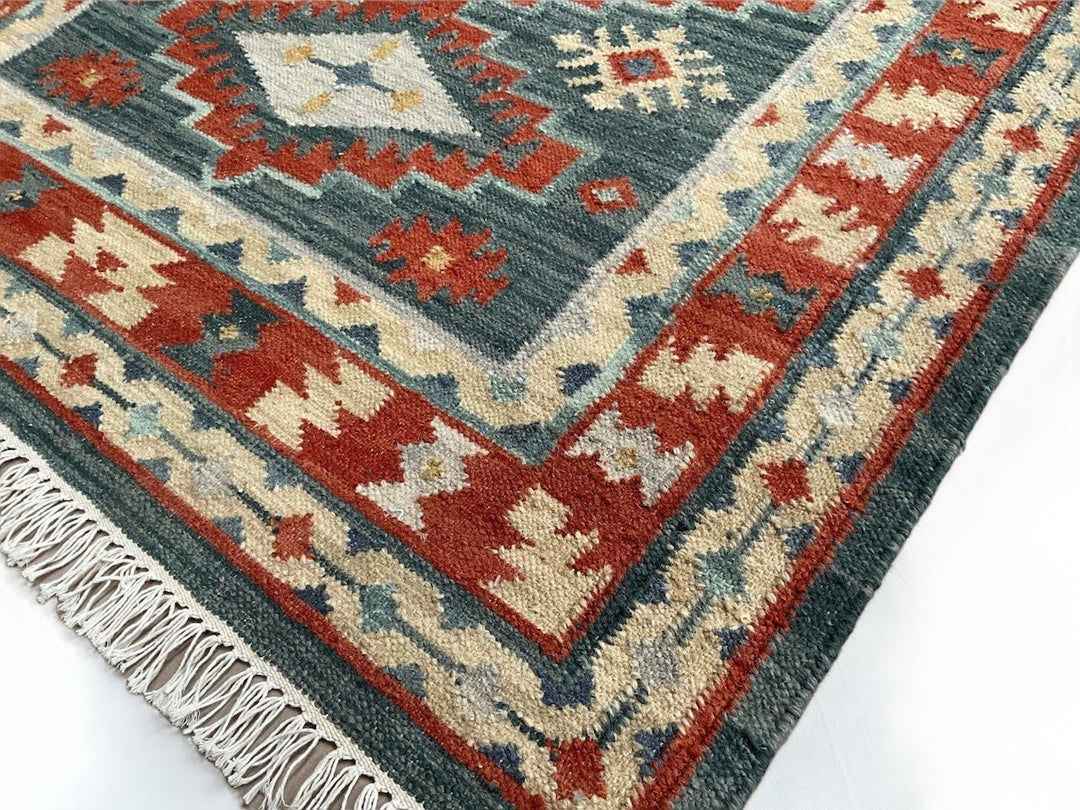 Geometric Kilim Blue Red Multi Colour Rug Handwoven Wool and Cotton 120 cm x 180 cm