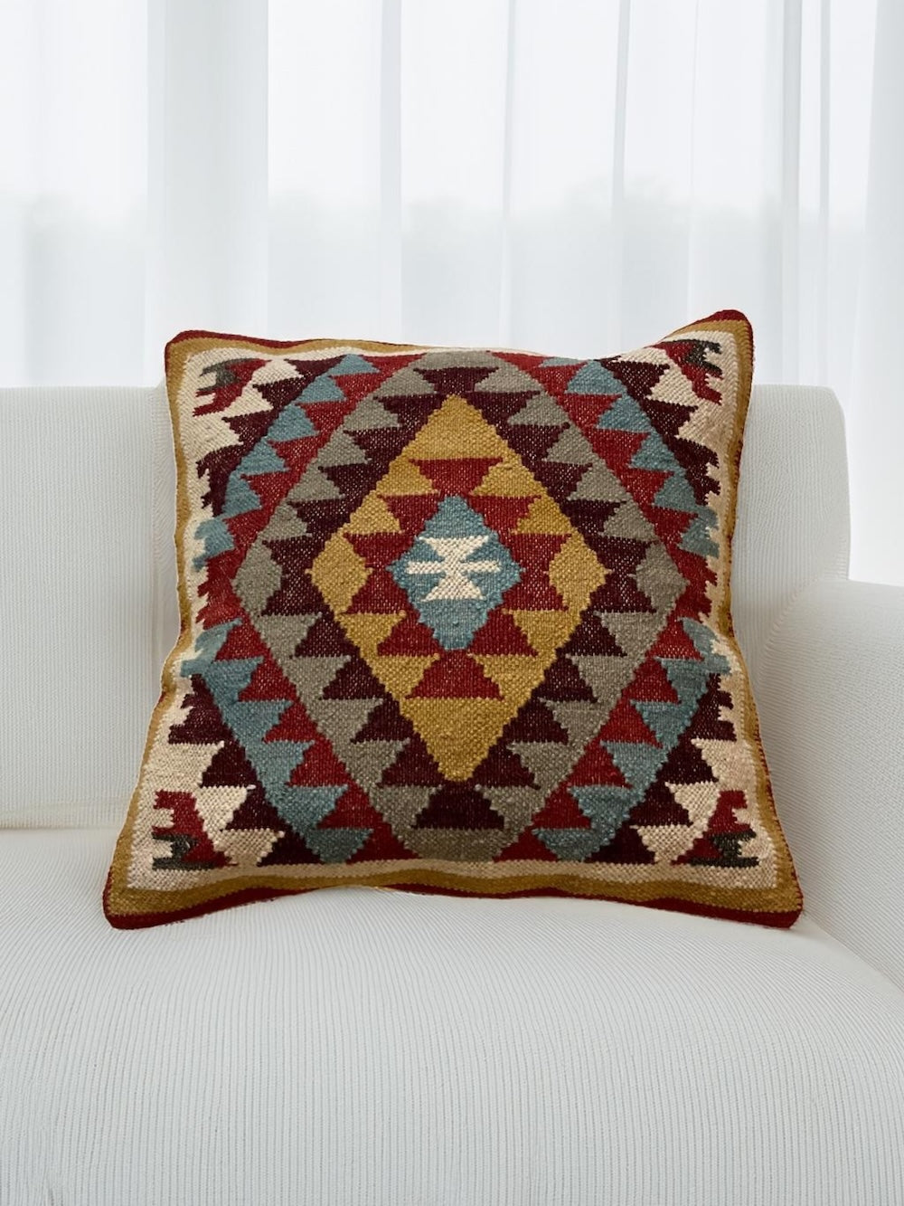 Red Multi Colour Kilim Cushion Cover Hand Loomed Geometric 60 x 60cm