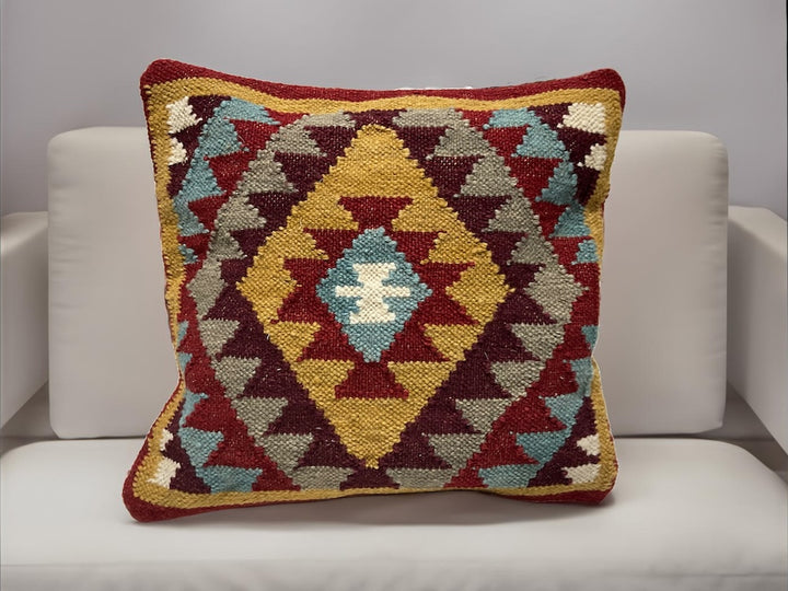 Red Multi Colour Kilim Cushion Cover Hand Loomed Geometric 45 x 45cm