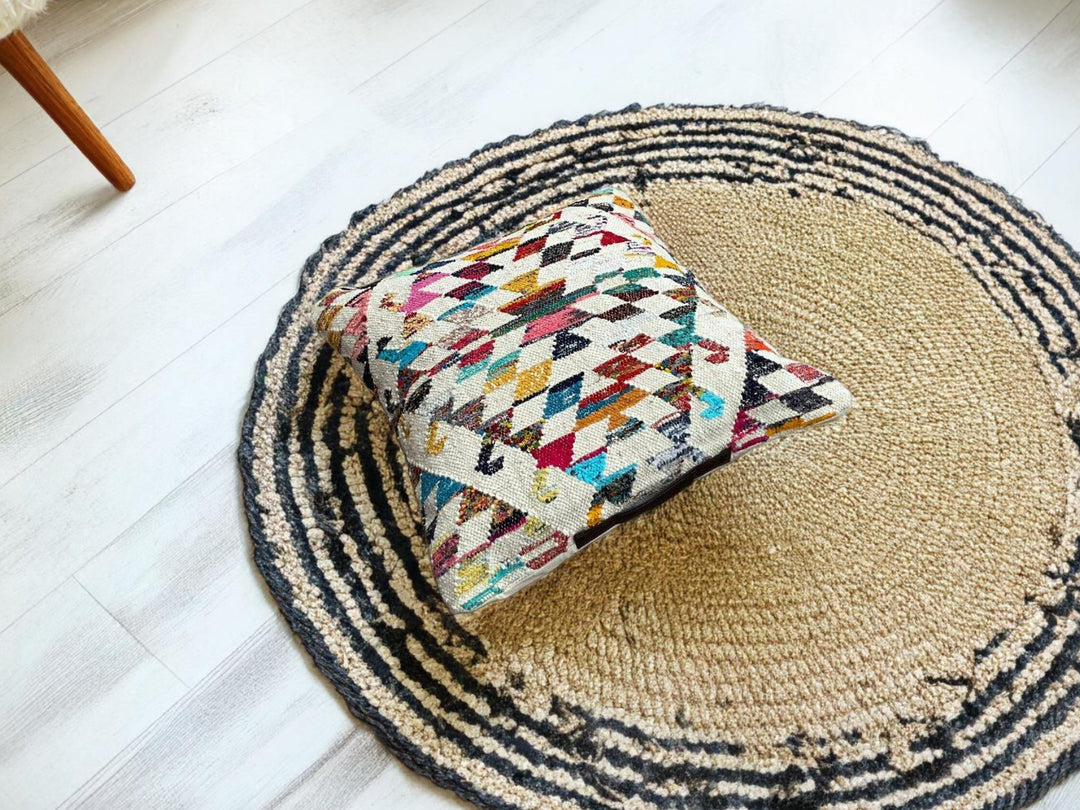 Large Kilim Floor Cushion Cream Rainbow Geometric Design 70 x 70 cm