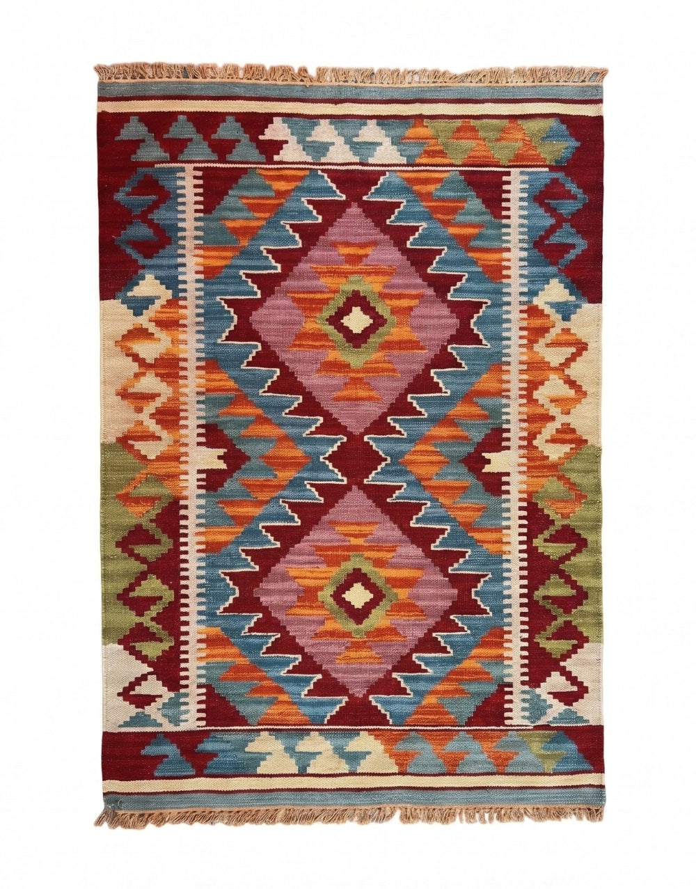 Wool Cotton Kilim With Geometric Pattern In a White Background