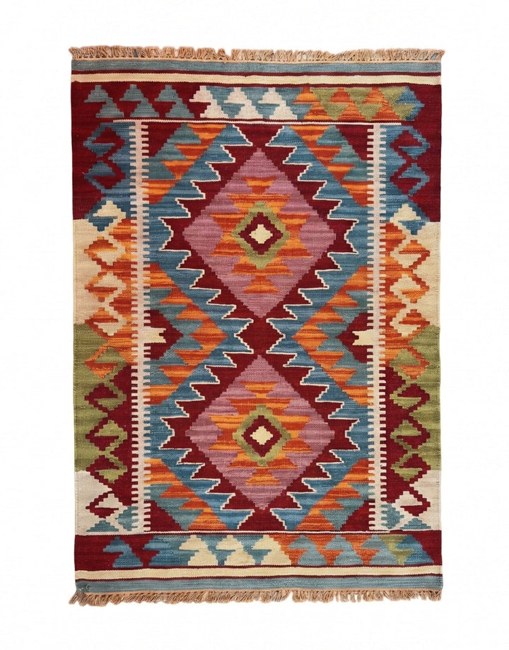 Wool Cotton Kilim With Geometric Pattern In a White Background