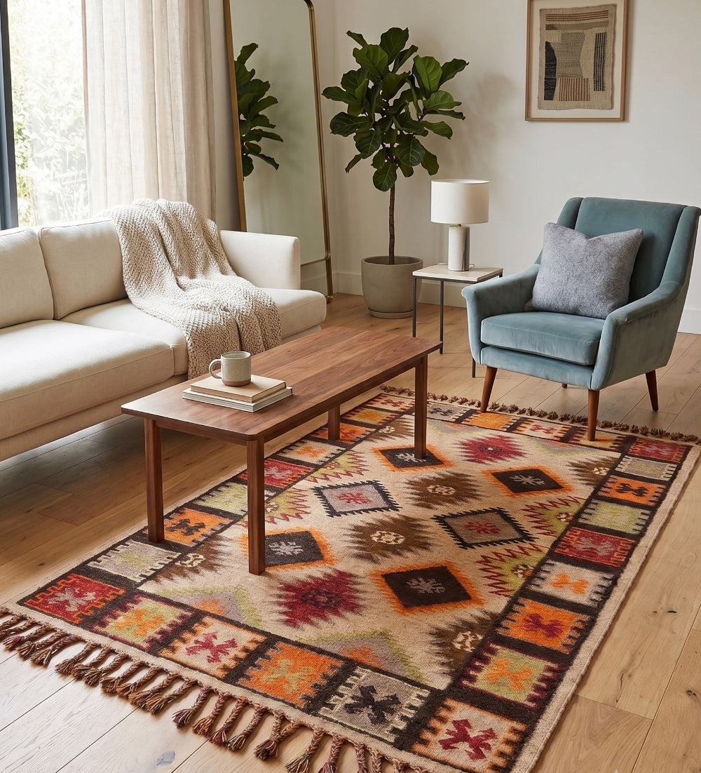 A rectangular area rug with a colourful Southwestern geometric pattern and fringe tassels, styled in a bright living room under a wooden coffee table, a cream sofa, and a blue armchair.