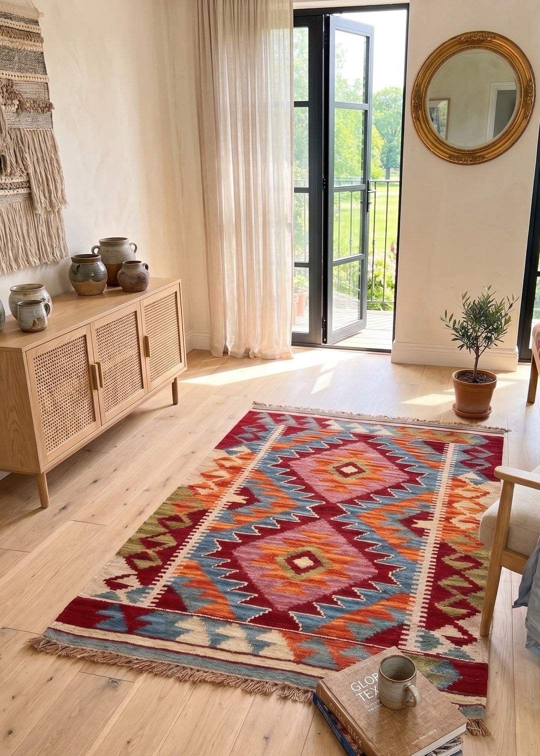Living room with a colourful patterned rug on wooden flooring, a wooden cabinet, and a plant.