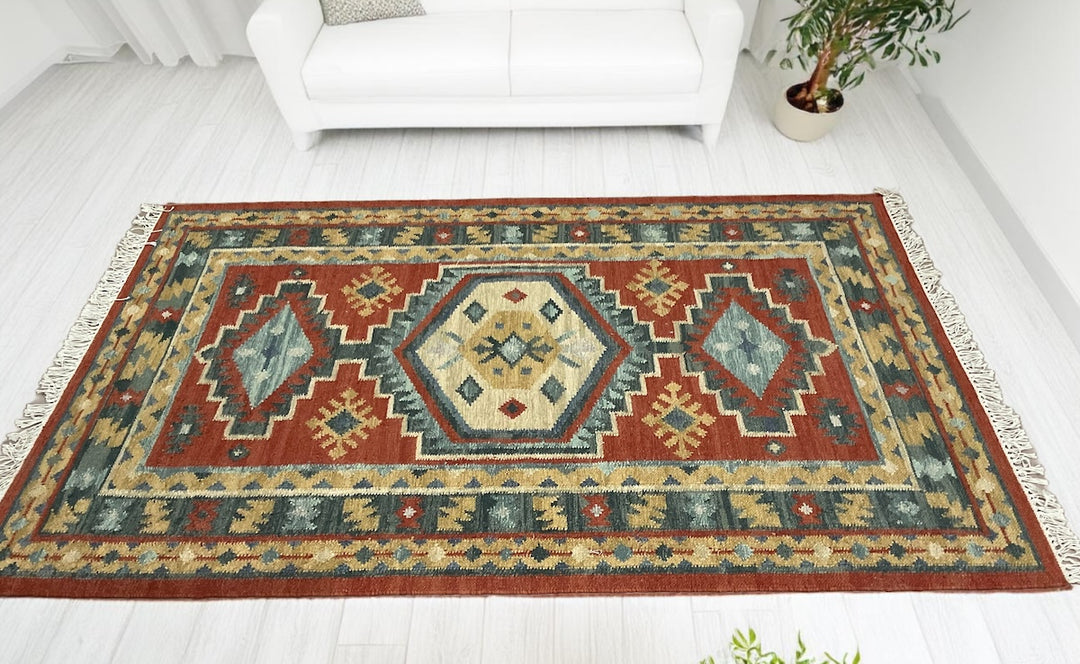 Geometric Kilim Multi Colour Rug Handwoven Wool and Cotton 120 cm x 180 cm