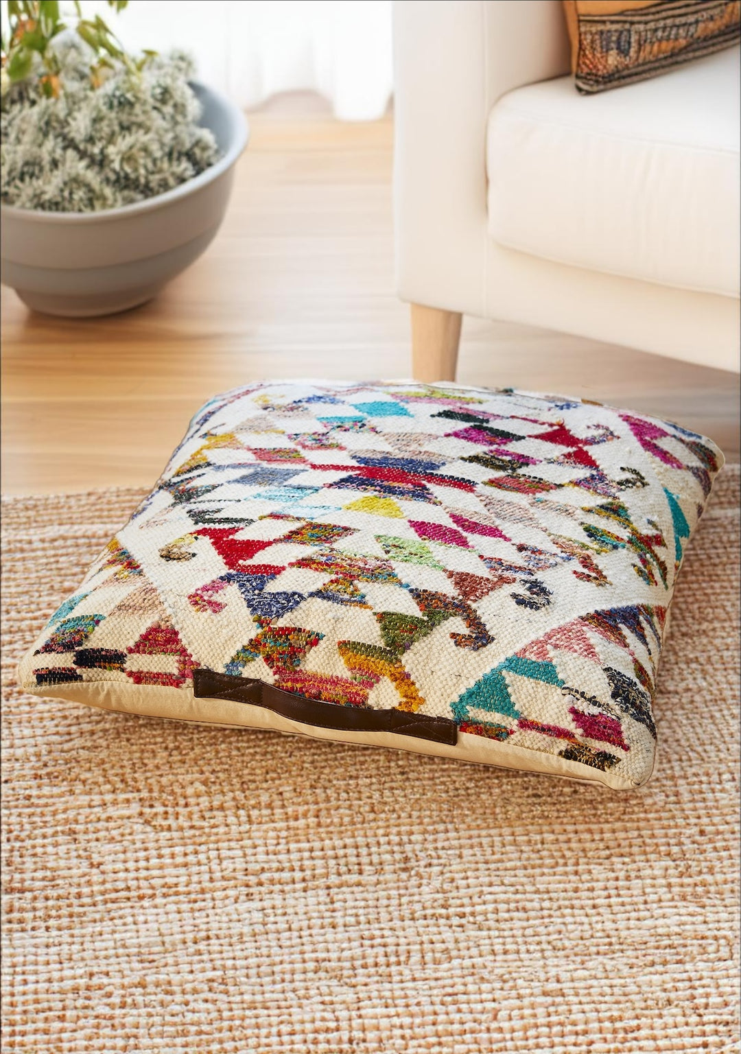 Large Kilim Floor Cushion Cream Rainbow Geometric Design 70 x 70 cm