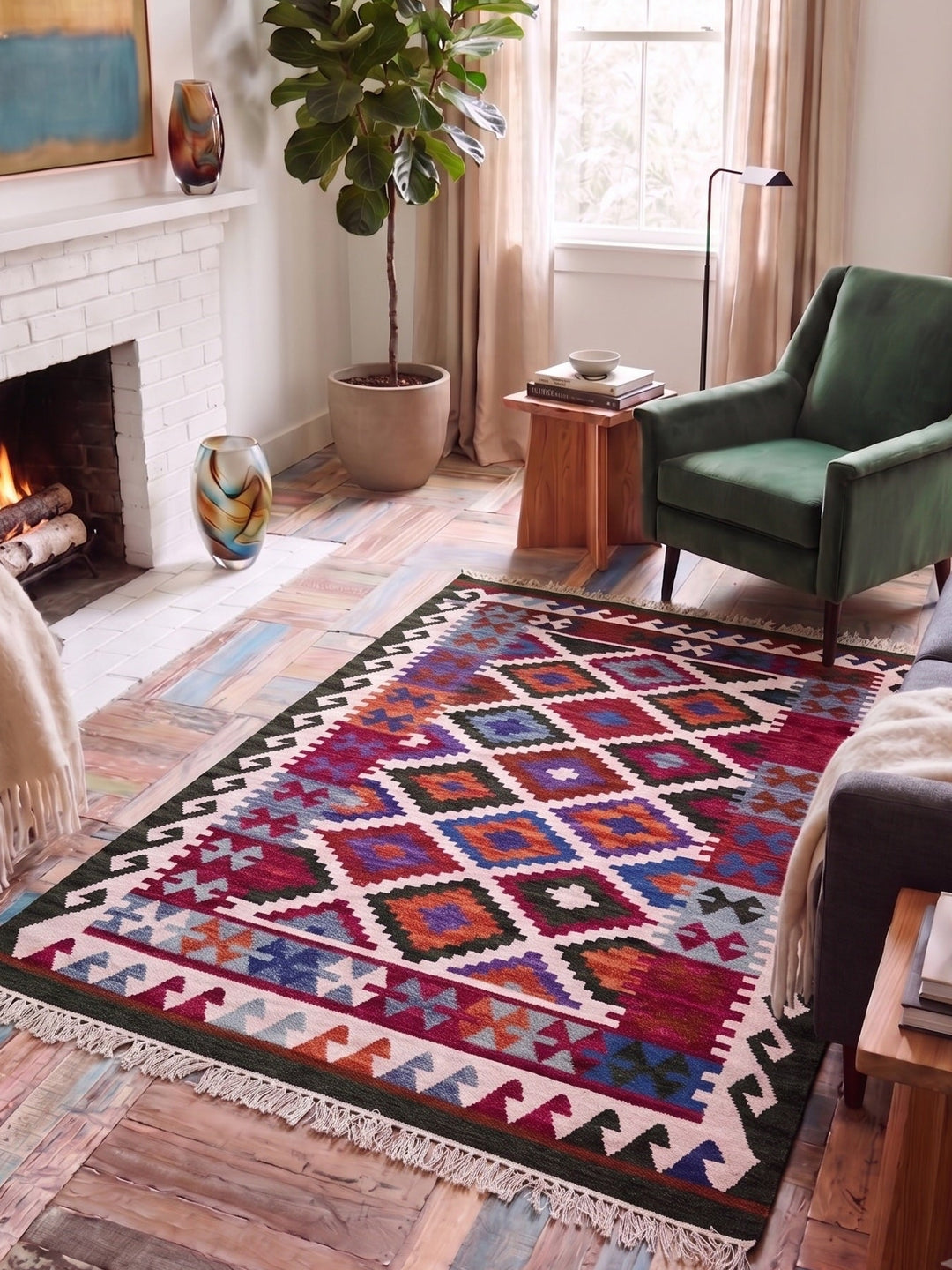A colourful geometric area rug with white fringe is styled in a cosy living room with a fireplace, green armchair, sofa, and rustic wood floor.