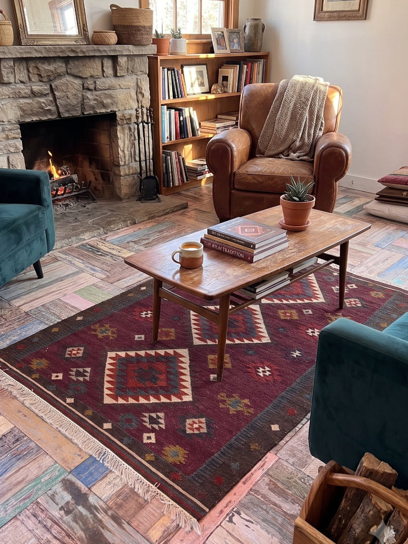 A styled living room featuring a rustic, hand-woven area rug with a geometric Southwestern pattern in deep red, beige, and brown tones. The rug is styled on a colourful, rustic wood plank floor between a teal velvet armchair and a brown leather armchair in front of a stone fireplace.