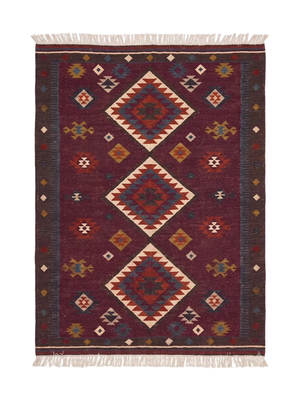 A rectangular woven area rug with a traditional geometric pattern, featuring large central diamond motifs and fringe on the top and bottom edges. The dominant color is a deep burgundy, with accents of cream, rust orange, and blue.