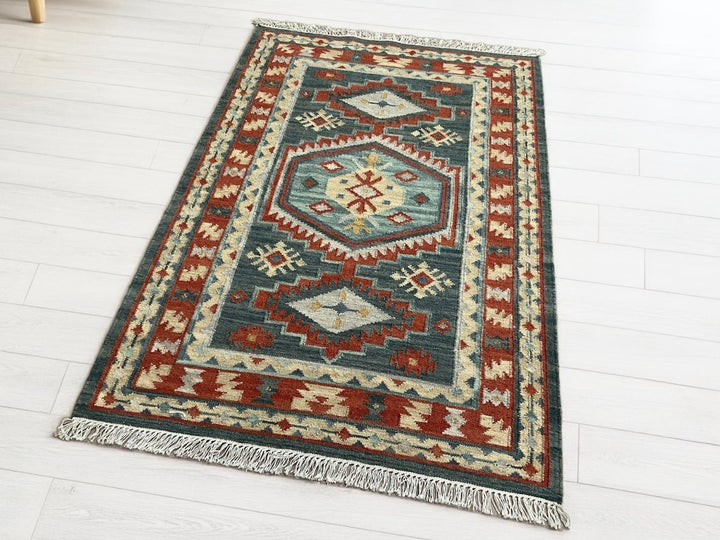 Geometric Kilim Blue Red Multi Colour Rug Handwoven Wool and Cotton 120 cm x 180 cm