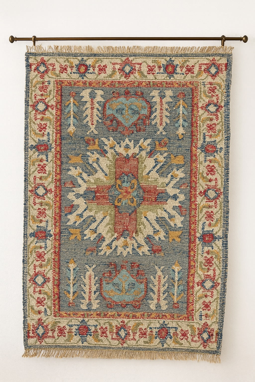 Decorative rug with intricate patterns on a white wall