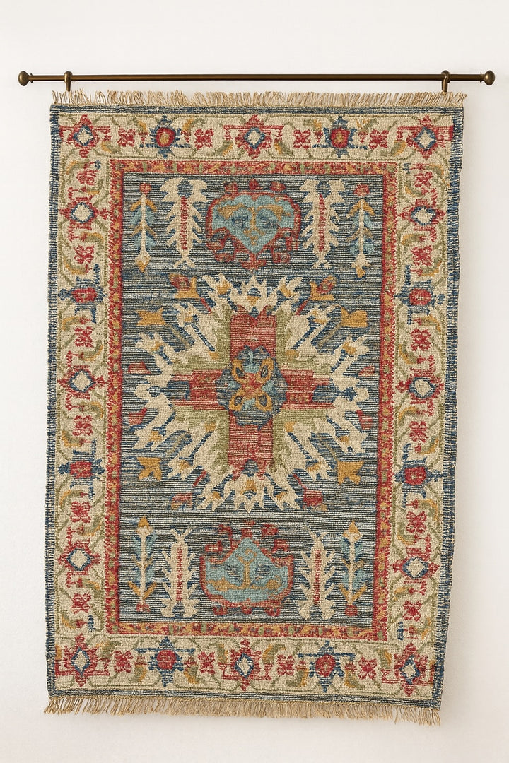 Decorative rug with intricate patterns on a white wall