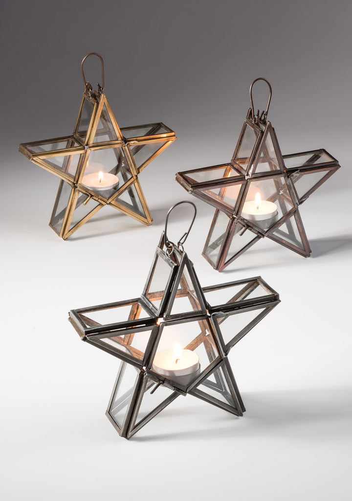 Metal Glass Star Lantern T-Light Holder