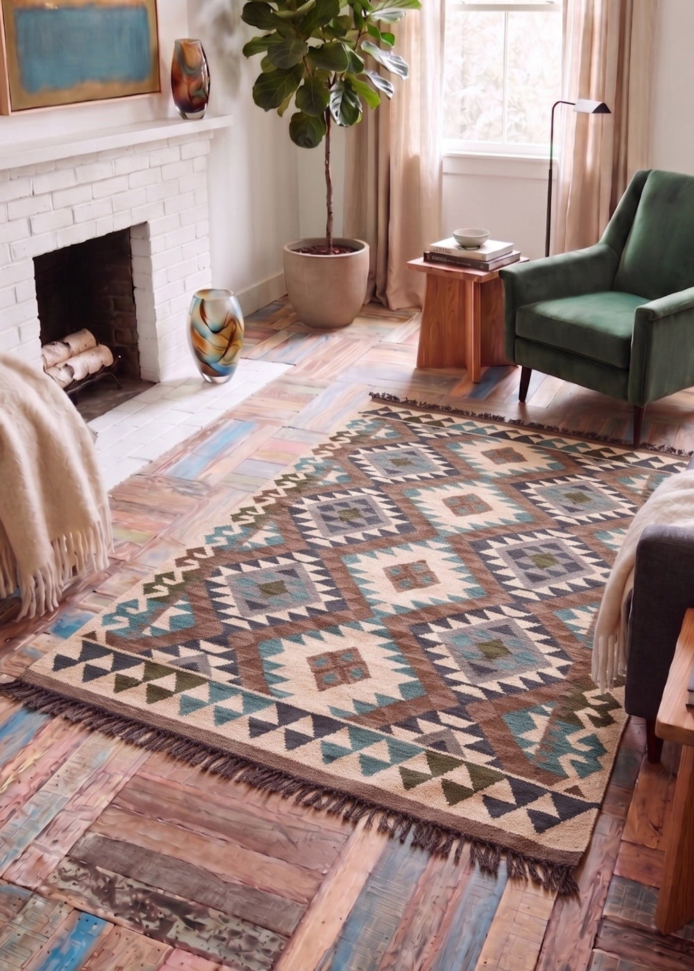 A large rectangular area rug with a Southwestern geometric pattern in beige, brown, teal, and blue, styled on a rustic wood floor in a cosy living room with a green armchair, fireplace, and potted plant.