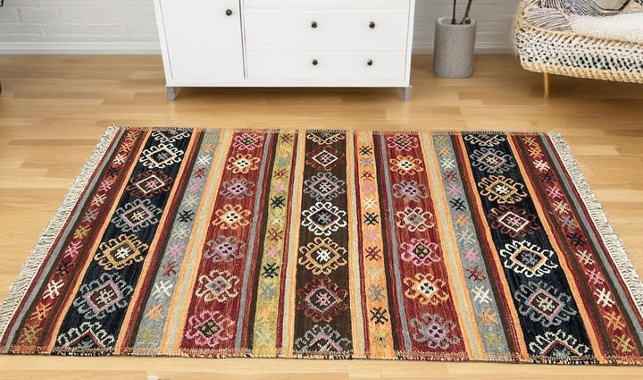 Multi Colour Kilim Rug Handwoven Wool and Cotton with Geometric Design Stitched Sides 120 cm x 180 cm