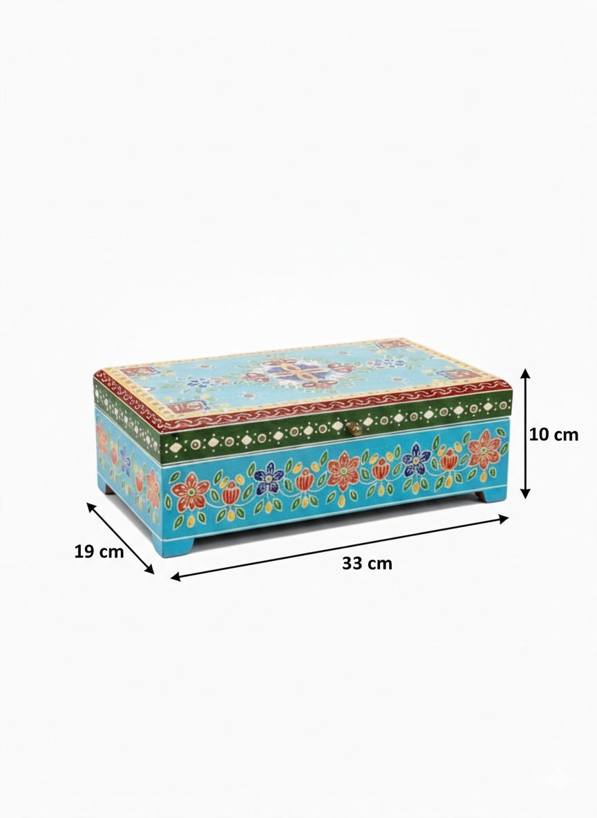 Set of 2 Handmade Indian Blue Floral Jewellery Boxes With Ethnic Design - Hand-Painted Mango Wood Trinket Storage