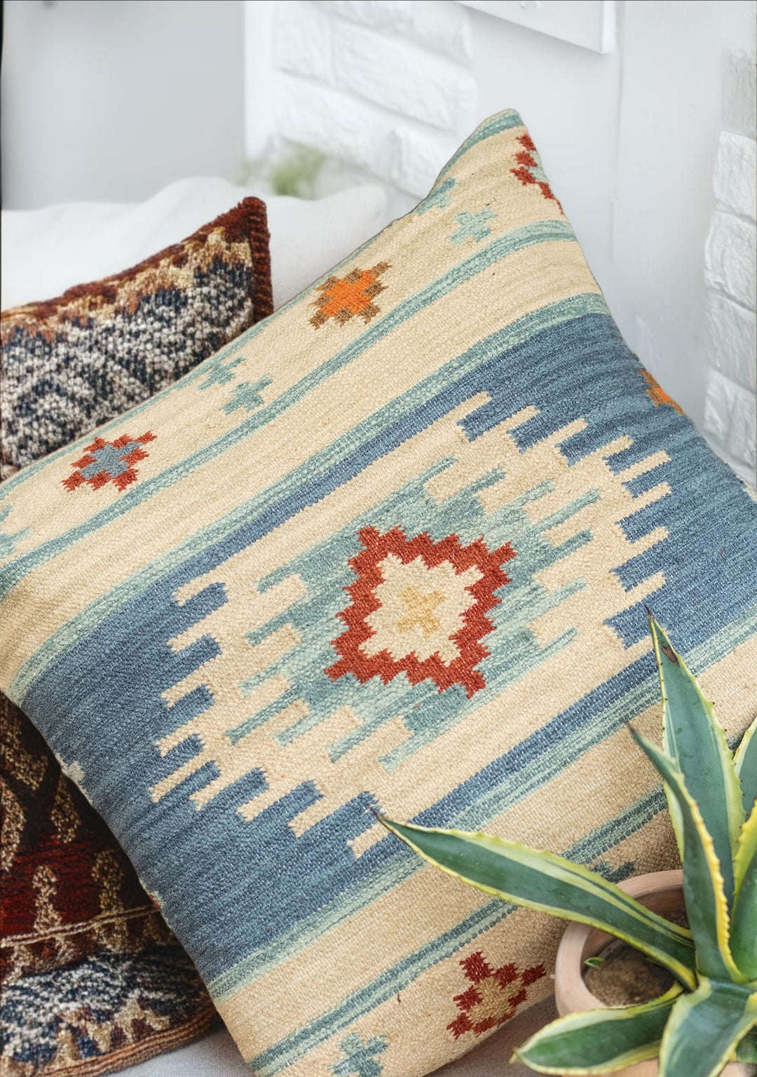 Natural Blue Wool and Cotton Kilim Cushion Covers With a Geometric Pattern 2 Sizes