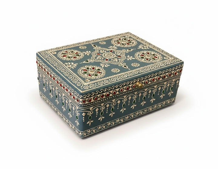 Hand-Painted Indian Mango Wood Jewellery & Keepsake Boxes - Set of 2 (Blue Bohemian)